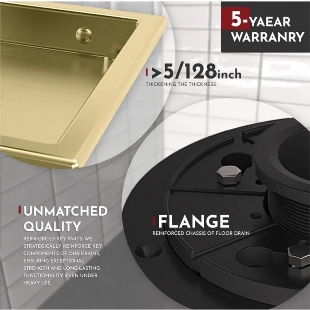 Webang 4 Inch Square Shower Gold Floor Drain with Flange Reversible 2 in 1 Cover